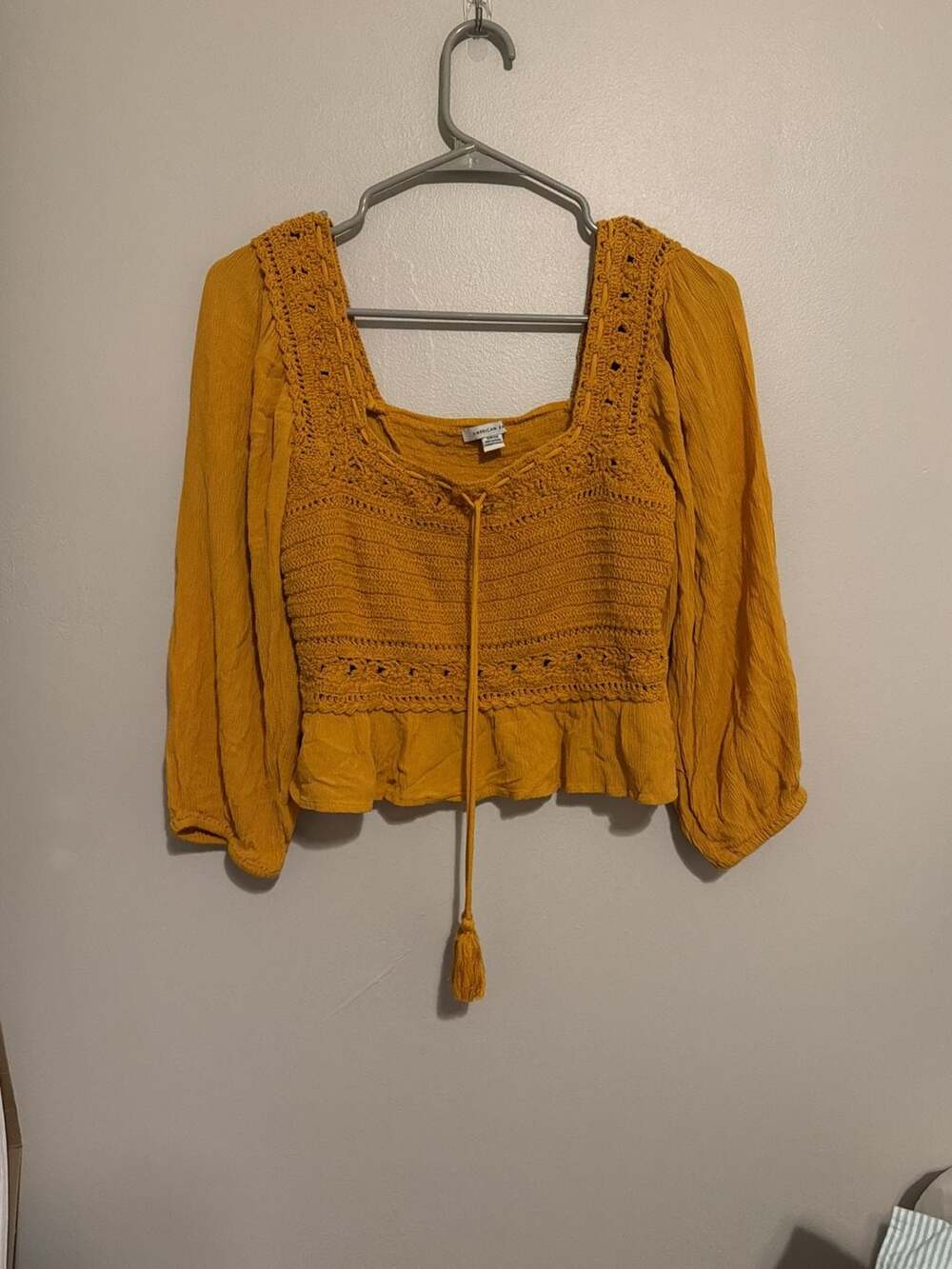 American Eagle Women's Mustard Yellow Crochet Square Neck size small